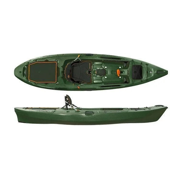 Casavibeo Wilderness Systems Tarpon 105 recreational kayak on calm water, featuring a sit-on-top design and adjustable seating.
