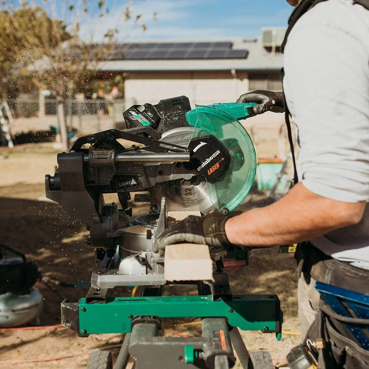 Casavibeo Metabo HPT MultiVolt 36V 10-inch sliding miter saw with blade, showcasing the powerful tool with adjustable angles.