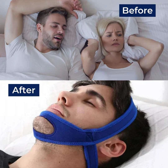 Belro full head chin strap for snoring relief and sleep apnea support, shown worn comfortably during night use.
