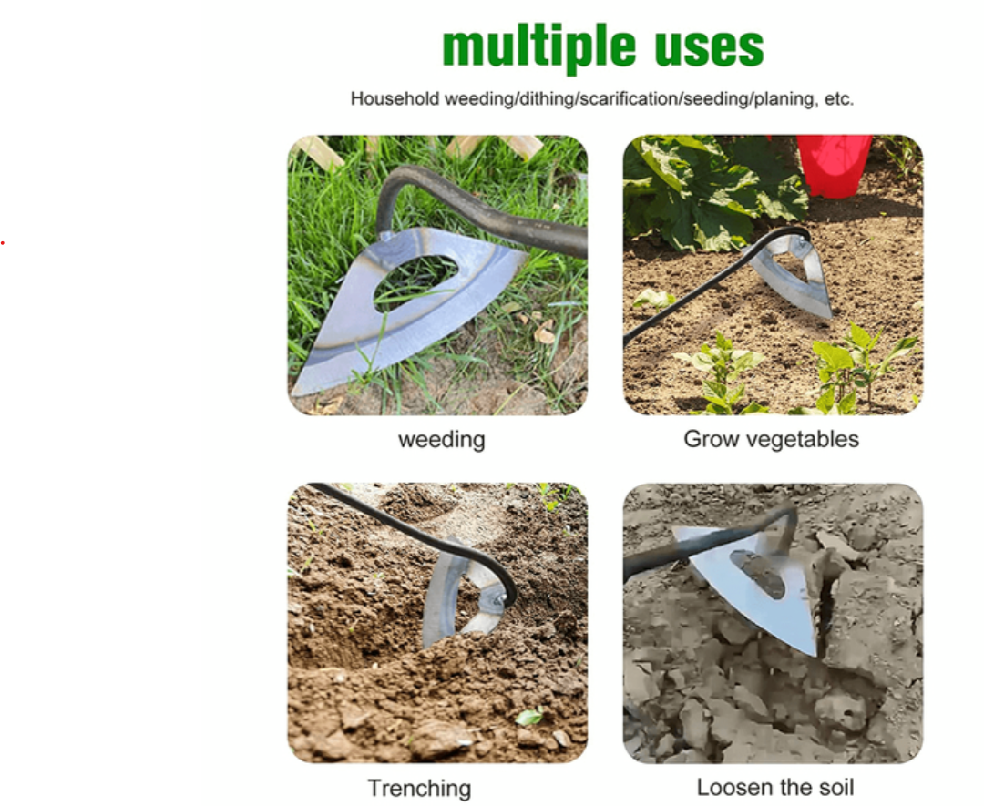 Belro all-steel hollow hoe for gardening, featuring a sturdy metal blade and wooden handle, ideal for outdoor garden tasks.