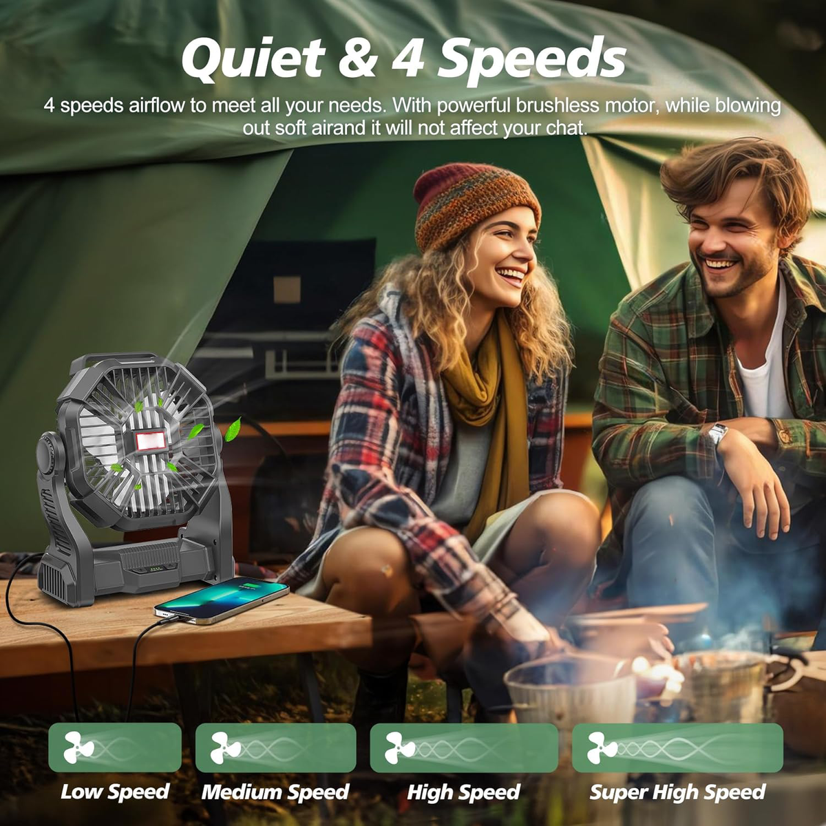 Belro portable rechargeable camping fan illuminated with LED light, compact and lightweight for outdoor camping and lighting needs.