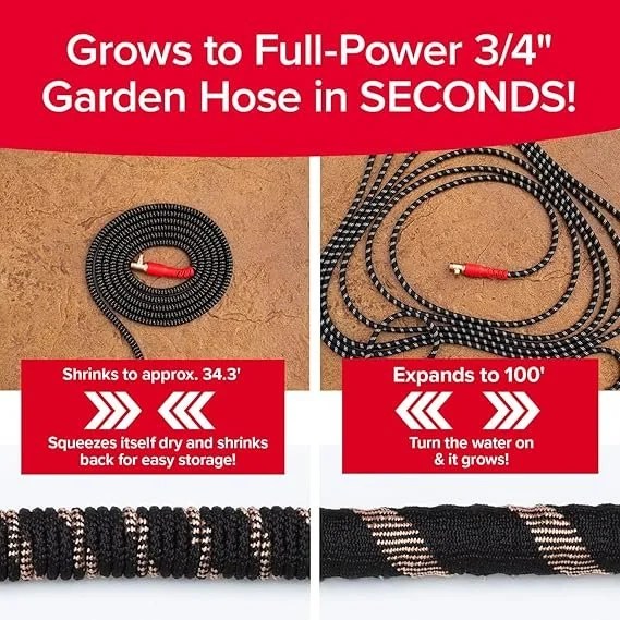 Casavibeo Pocket Hose 100 FT Copper Head expandable garden hose with 360° swivel, no-tangle, anti-kink, and lead-free Tri-Tex tubing.