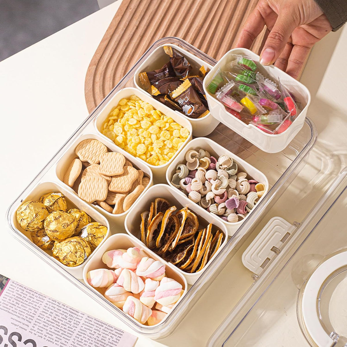 Belro 8-compartment divided serving tray with handle for food and grocery organization, made of durable plastic.