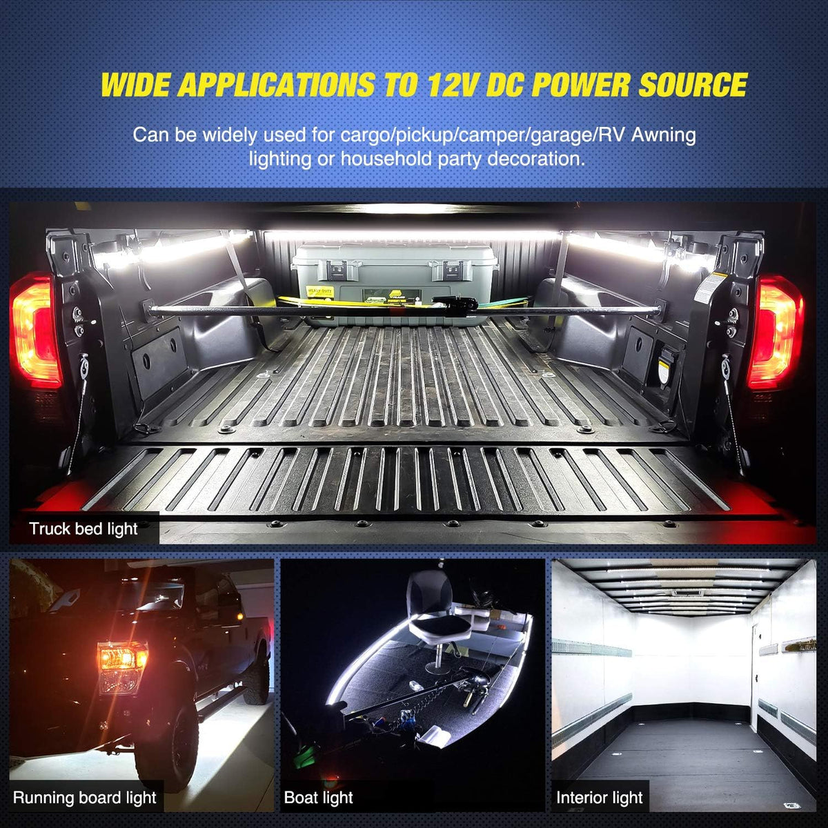 Belro 60-inch cargo pickup truck bed light strip installed in truck bed for improved visibility and organization.