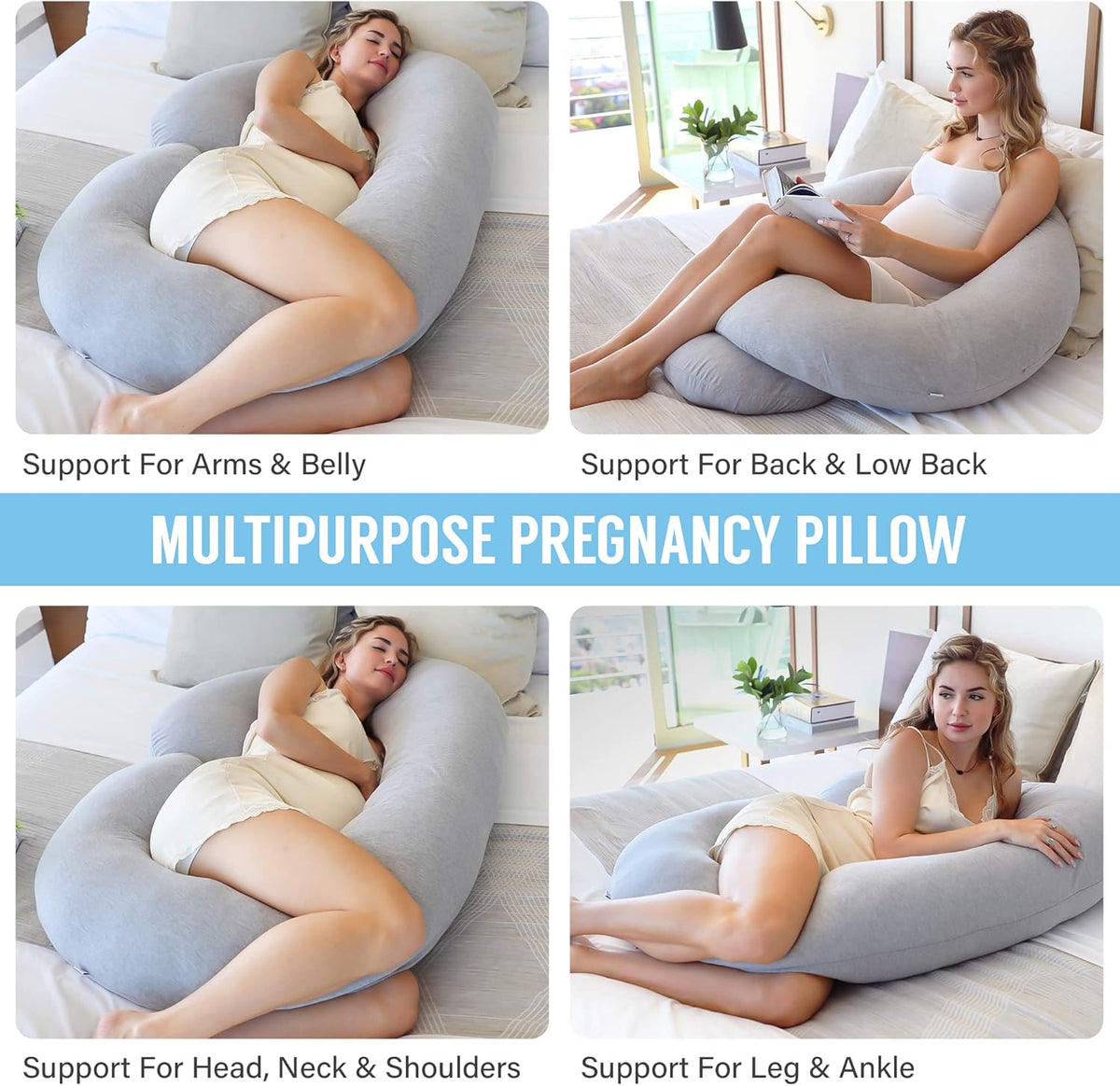 Belro C-shaped full body pregnancy pillow in soft fabric, designed for comfortable support during sleep or relaxation.