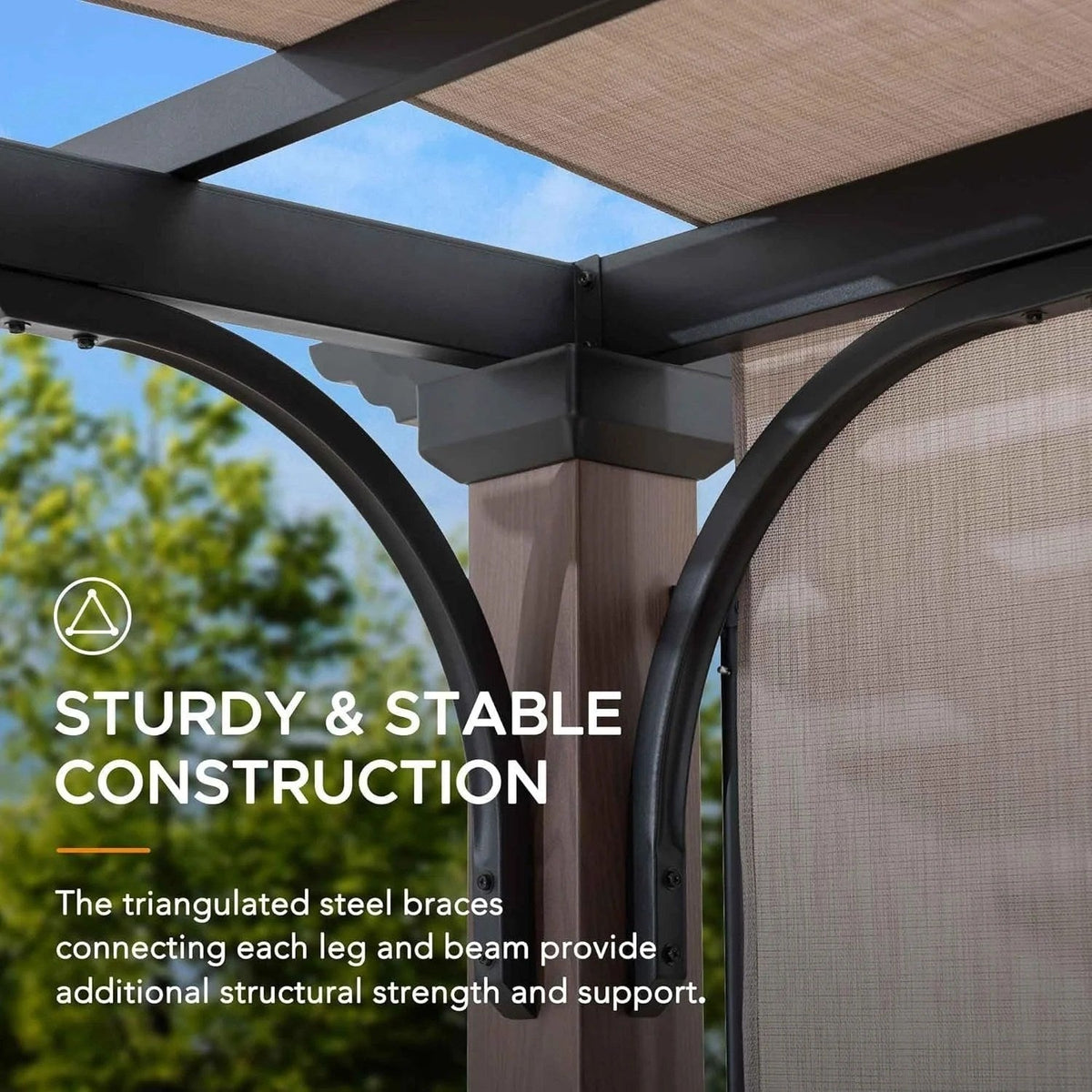 Casavibeo Sunjoy 11x11 ft metal pergola with adjustable tan garden shade, showcasing sturdy frame and shaded outdoor space.