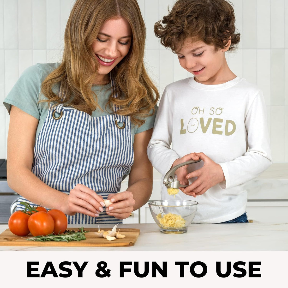 Belro premium garlic press mincer with stainless steel handle and chamber, designed for efficient garlic crushing in kitchen.