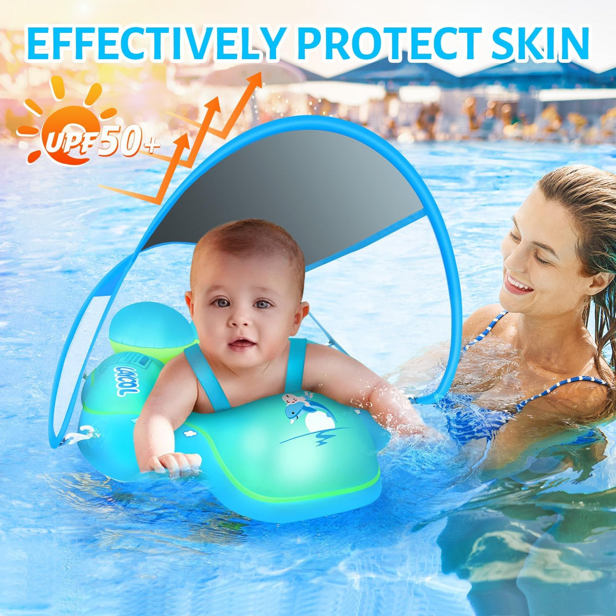 Belro baby swim float with canopy, adjustable safety straps, and colorful design for outdoor water fun and safety.