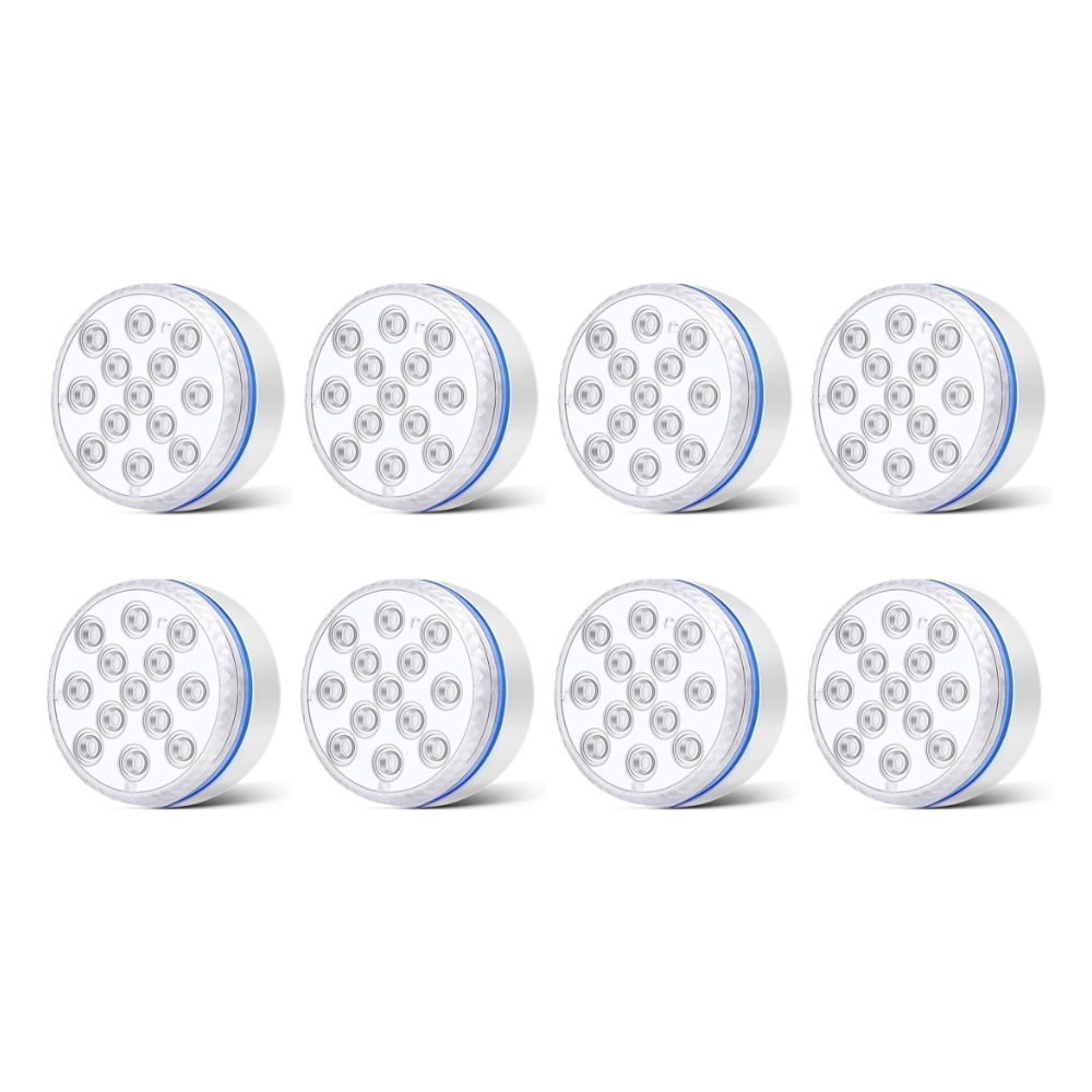 Colorful submersible LED pool party lights by Belro in vibrant hues floating in a pool during a nighttime gathering.