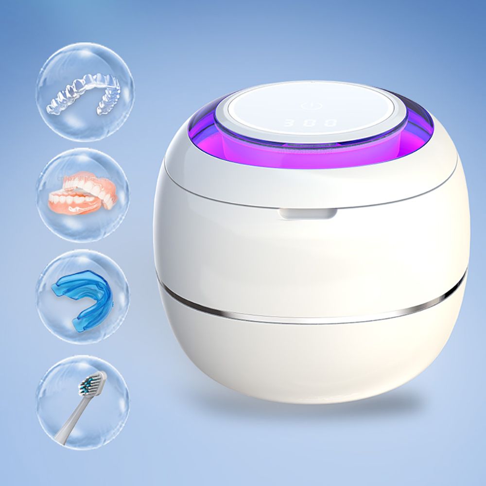 Belro ultrasonic portable denture cleaner machine for home use, compact device with a digital display and cleaning basket.