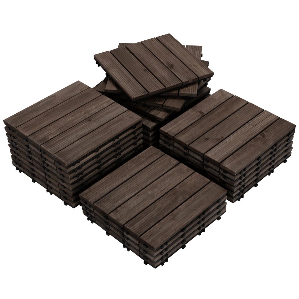 Belro interlocking outdoor patio wood deck tiles arranged in a garden setting, perfect for creating a stylish outdoor flooring area.
