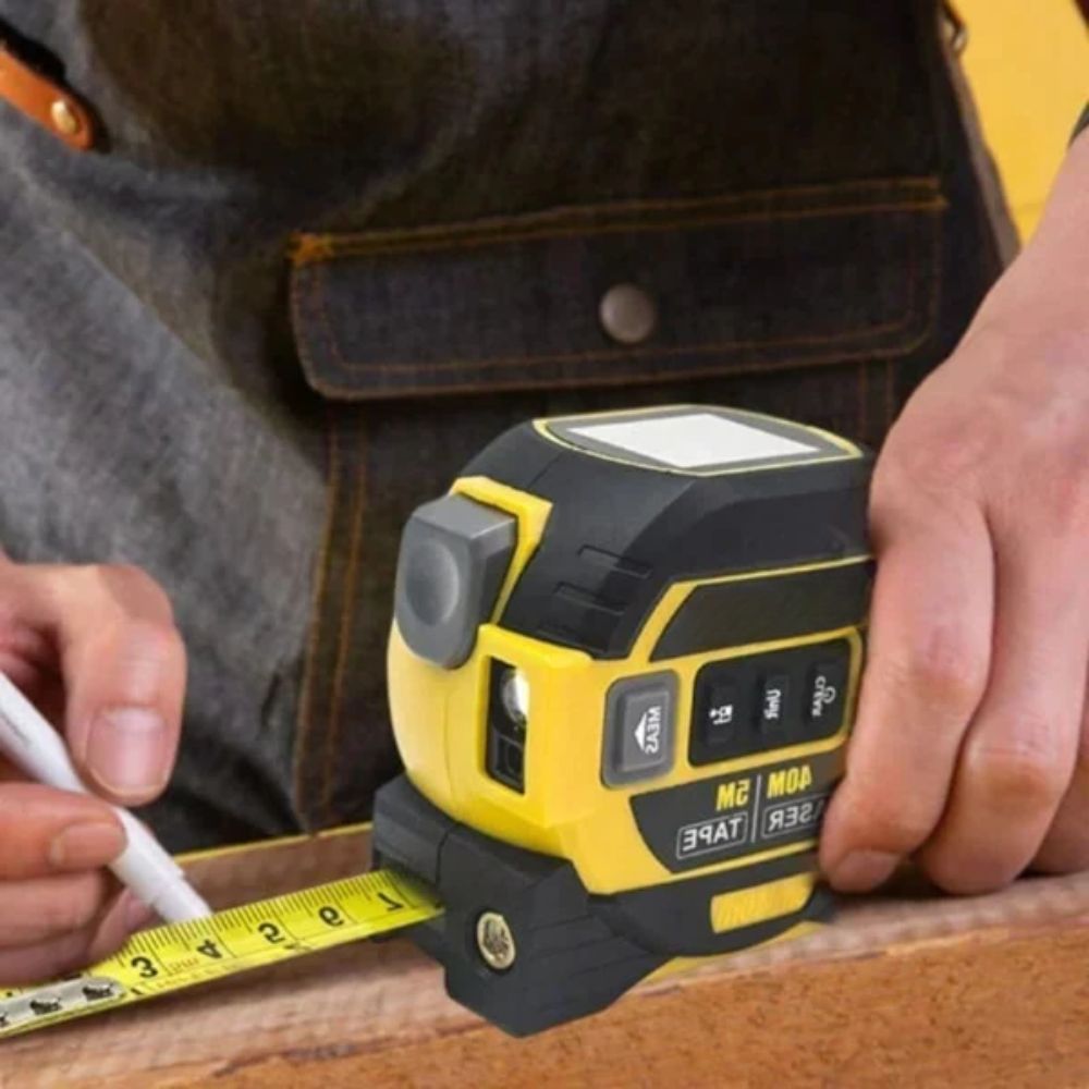 Belro 3-in-1 infrared laser tape measure showing digital display, measuring tape, and infrared sensor for precise distance measurement.