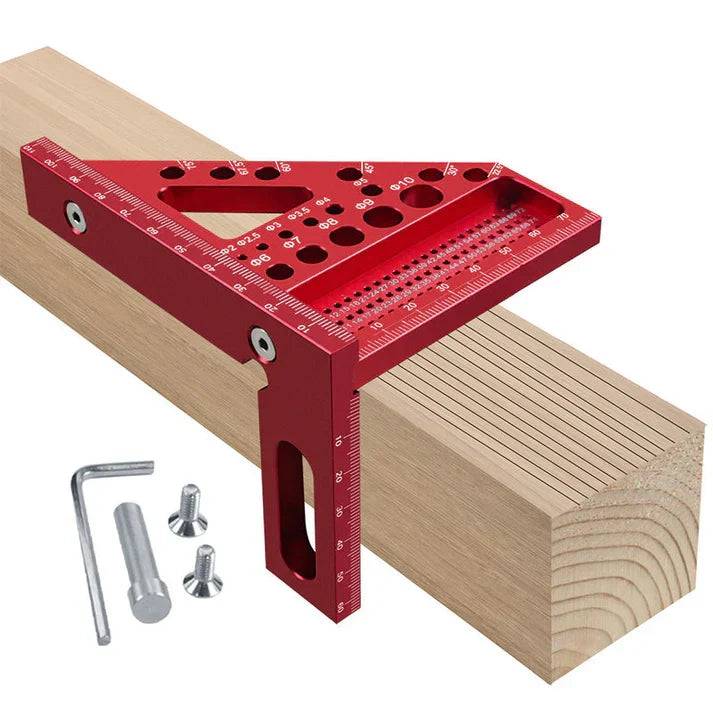 Mivoza aluminium woodworking square with drill guide holes, 90° and 45° angles for precise measuring and layout in carpentry.