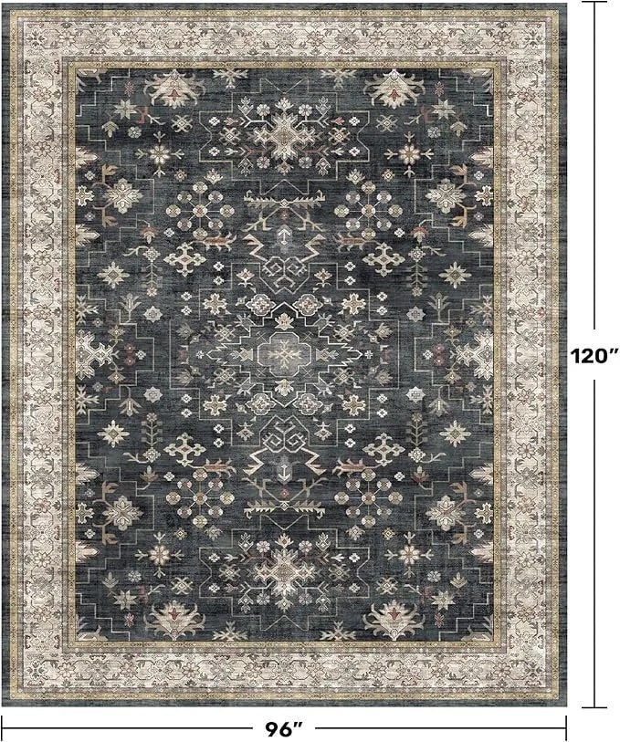 Black Casavibeo farmhouse 8x10 washable area rug with dark charcoal tones, stain-resistant, non-slip, suitable for living, dining, or office.