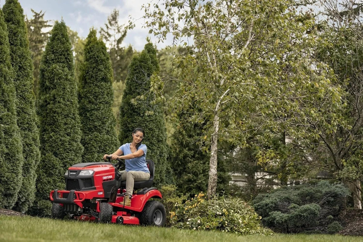 Craftsman T2200K 42-inch 20 HP hydrostatic riding mower with 725cc engine, shown on a lawn.