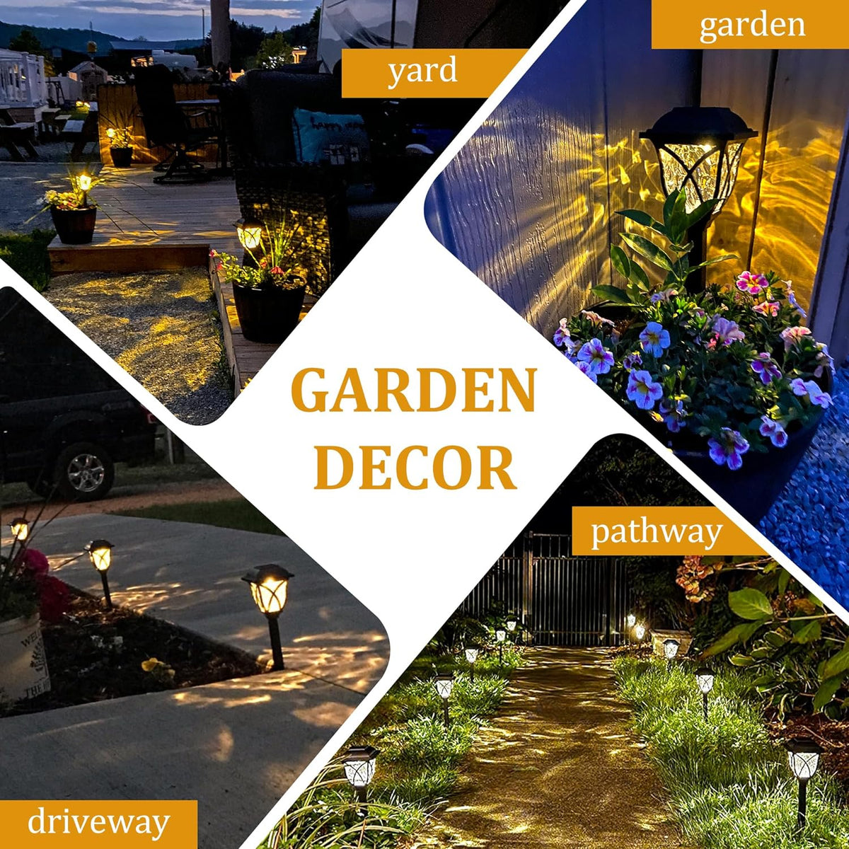 Six Belro LED solar pathway garden lights installed outdoors, illuminating a garden walkway at dusk.