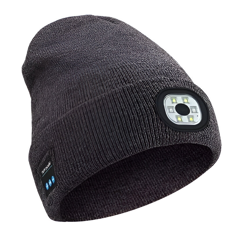 Belro 3-in-1 Bluetooth beanie with built-in flashlight and lighting tools, featuring a cozy knit design and integrated tech accessories.