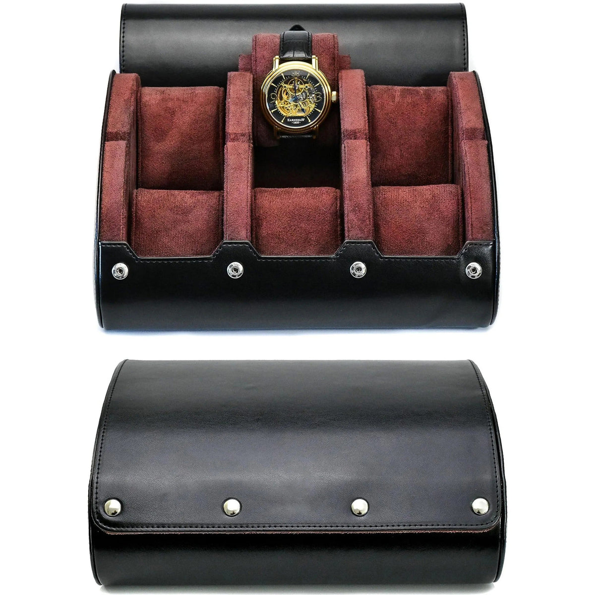 Belro watch travel case in black with padded interior and secure zipper, designed for protecting watches during travel.