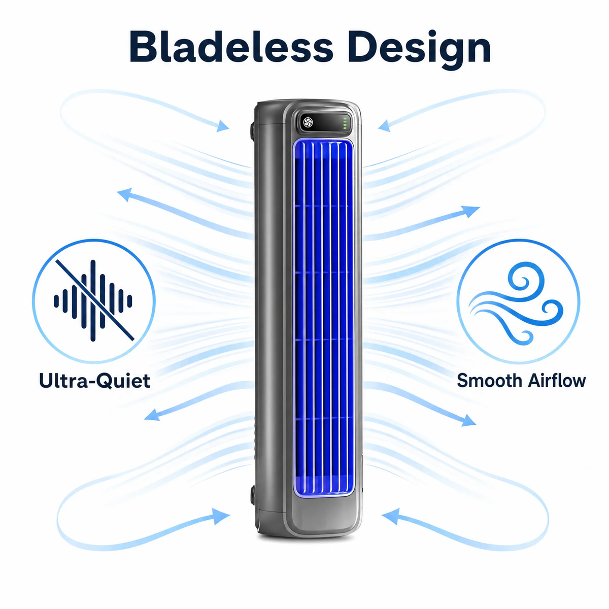 Portable BowLift Rechargeable Air Conditioner with 16-inch fan, displaying sleek design and control panel, ideal for cooling on the go.