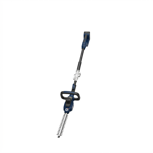 GETDECO TrimMaster 20V cordless hedge trimmer with red handle, showing side view and blade for precise shrub trimming.