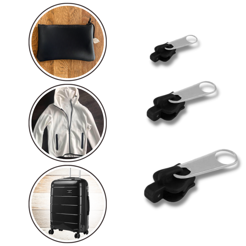 Belro clip-on slider for men's clothing zipper replacement, shown attached to a jacket zipper in a close-up image.