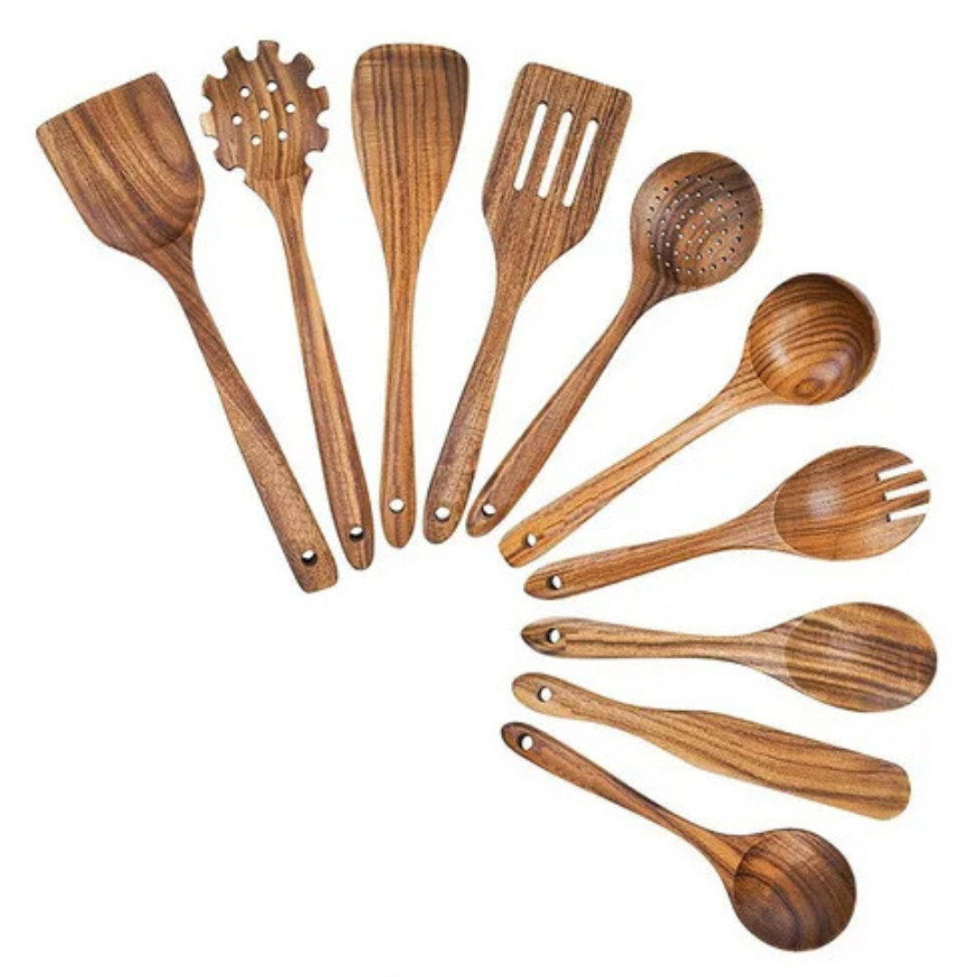 Natural teak wood kitchen set by Belro, includes utensils and accessories for home and dining use.