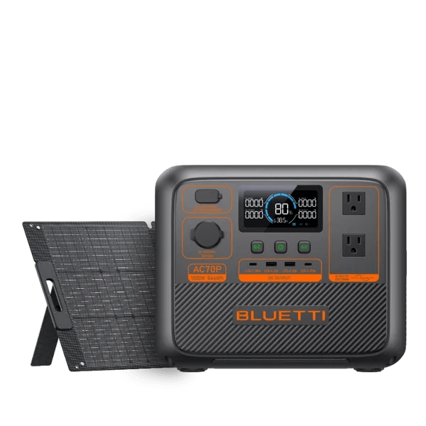 BLUETTI AC70P portable power station by Casavibeo showing multiple AC and USB ports on a sleek black unit with display screen