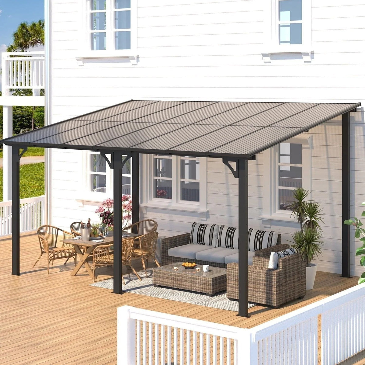 Aesthetic dark gray aluminum patio cover by Aecojoy, measuring 10x14 feet, suitable for garden or backyard outdoor space.