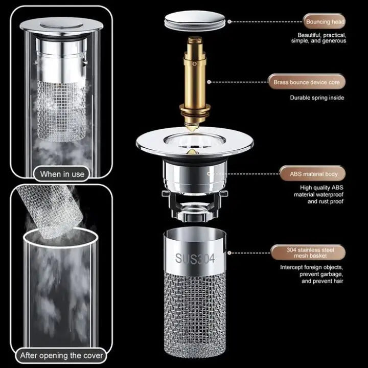 Mivoza stainless steel drain strainer with pop-up function for sink blockage prevention in bathroom or kitchen.