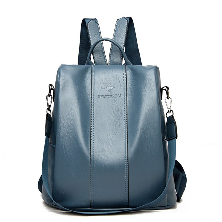 Light blue theft-proof leather backpack for women by BowLift, vintage style anti-theft travel bag with secure zipper design.