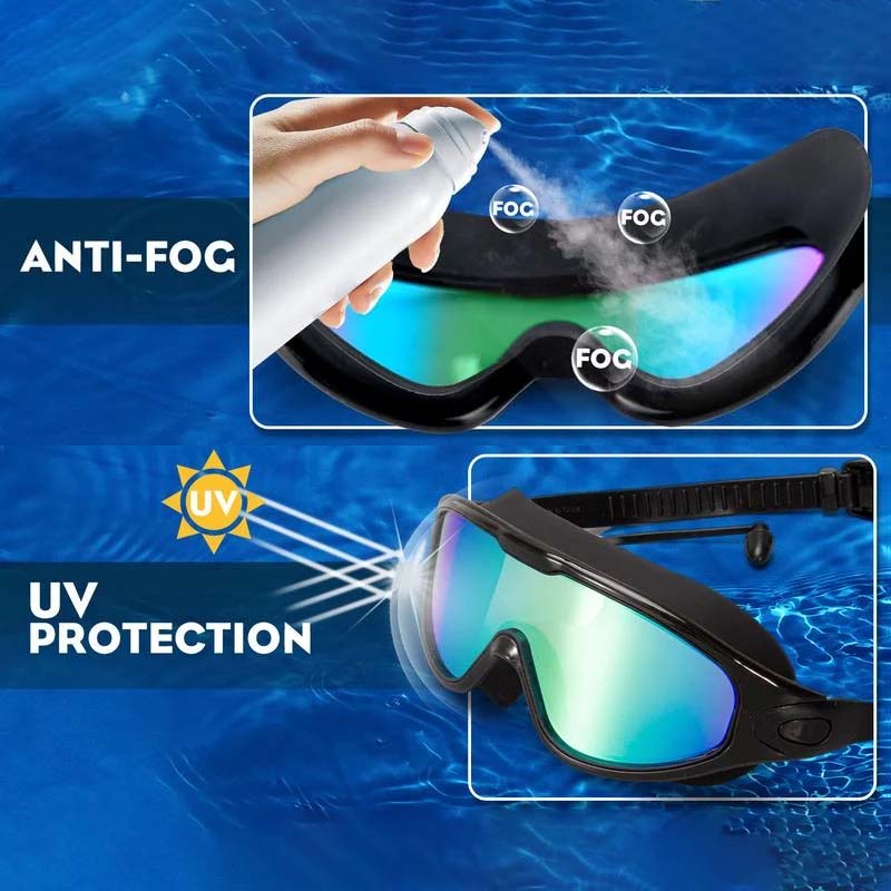 Belro wide-angle swimming goggles with anti-fog coating, clear lenses, and adjustable straps for comfortable outdoor swimming.
