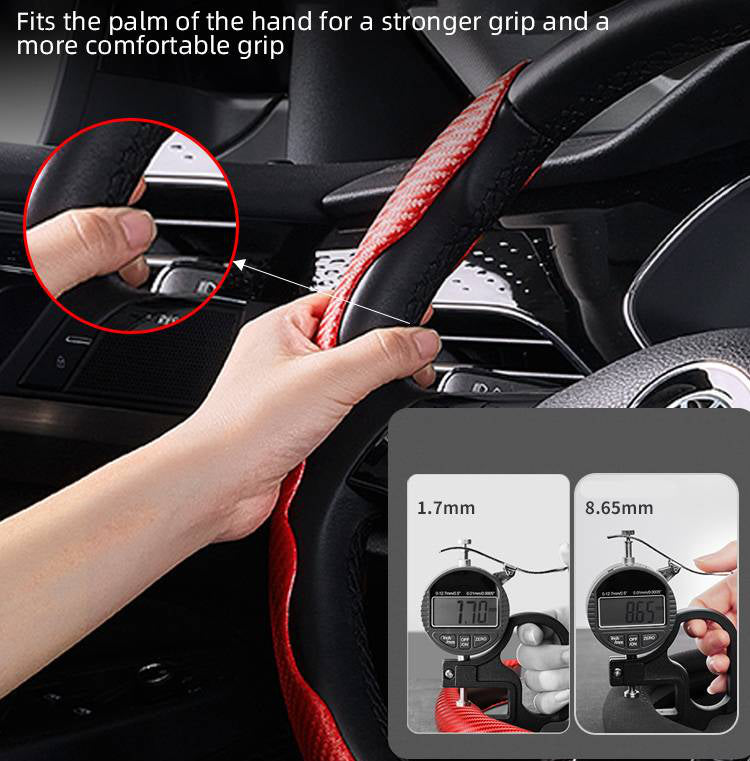 Belro universal steering wheel cover fitted on a car steering wheel, showing its textured fabric and snug fit for vehicle interior.
