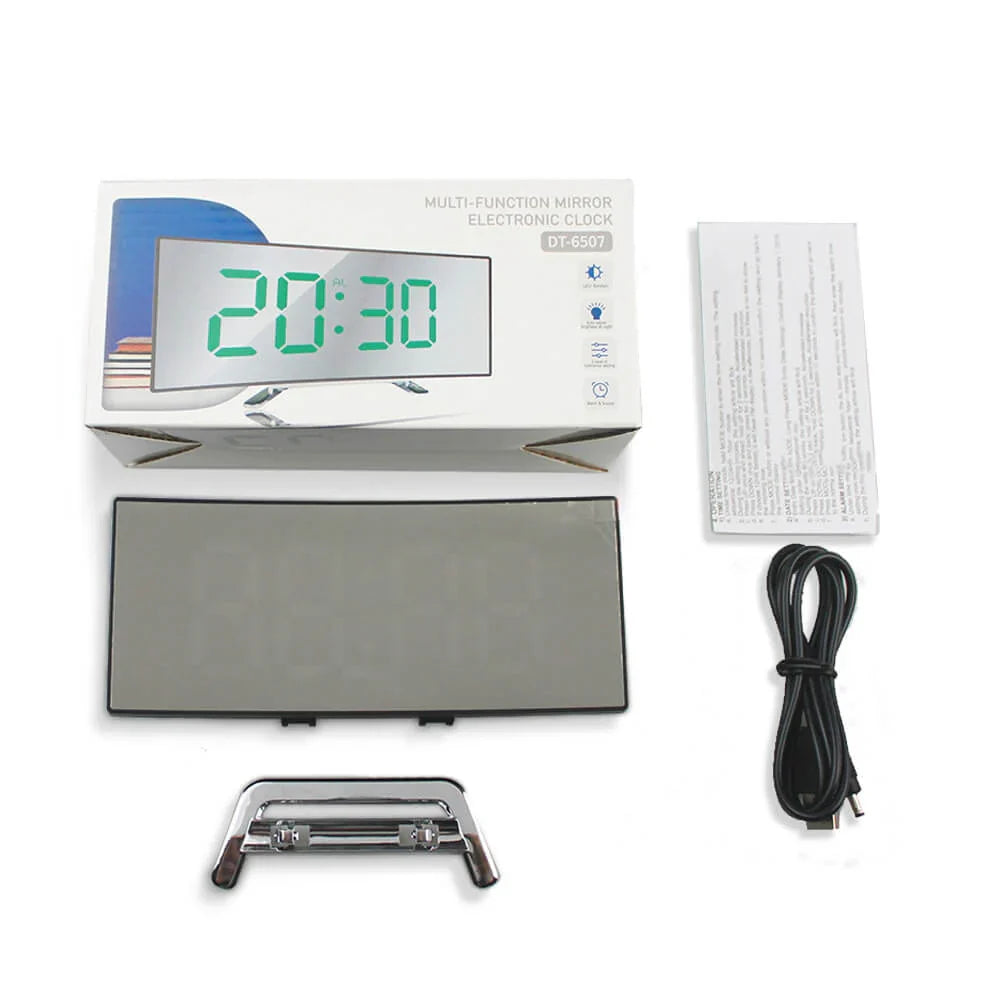 Belro curved LED digital alarm clock with mirror display and large screen, showcasing modern home decor timing device.