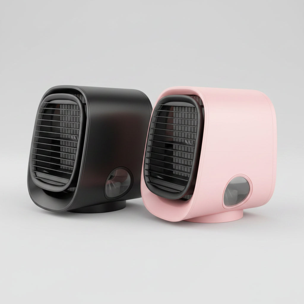 DecorsDeluxe electric evaporative cooler fan on a desk, compact personal air cooling device for room and desk use.