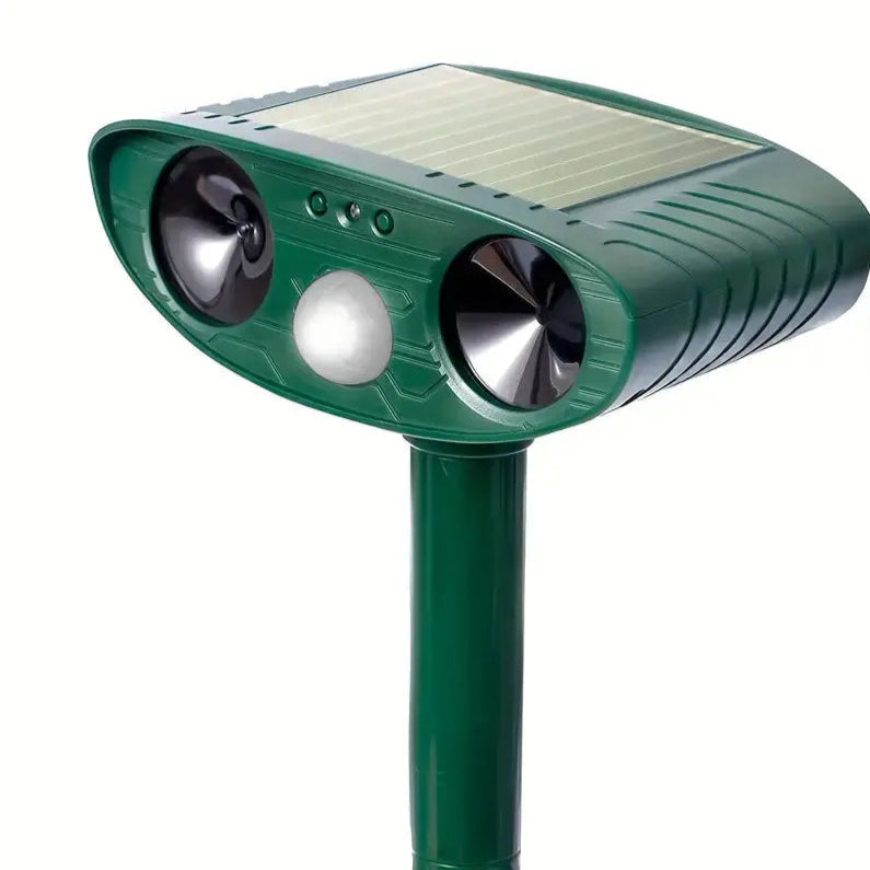 Belro solar-powered animal repeller with ultrasound for outdoor pest control, showing the device with solar panel and ultrasonic speaker.