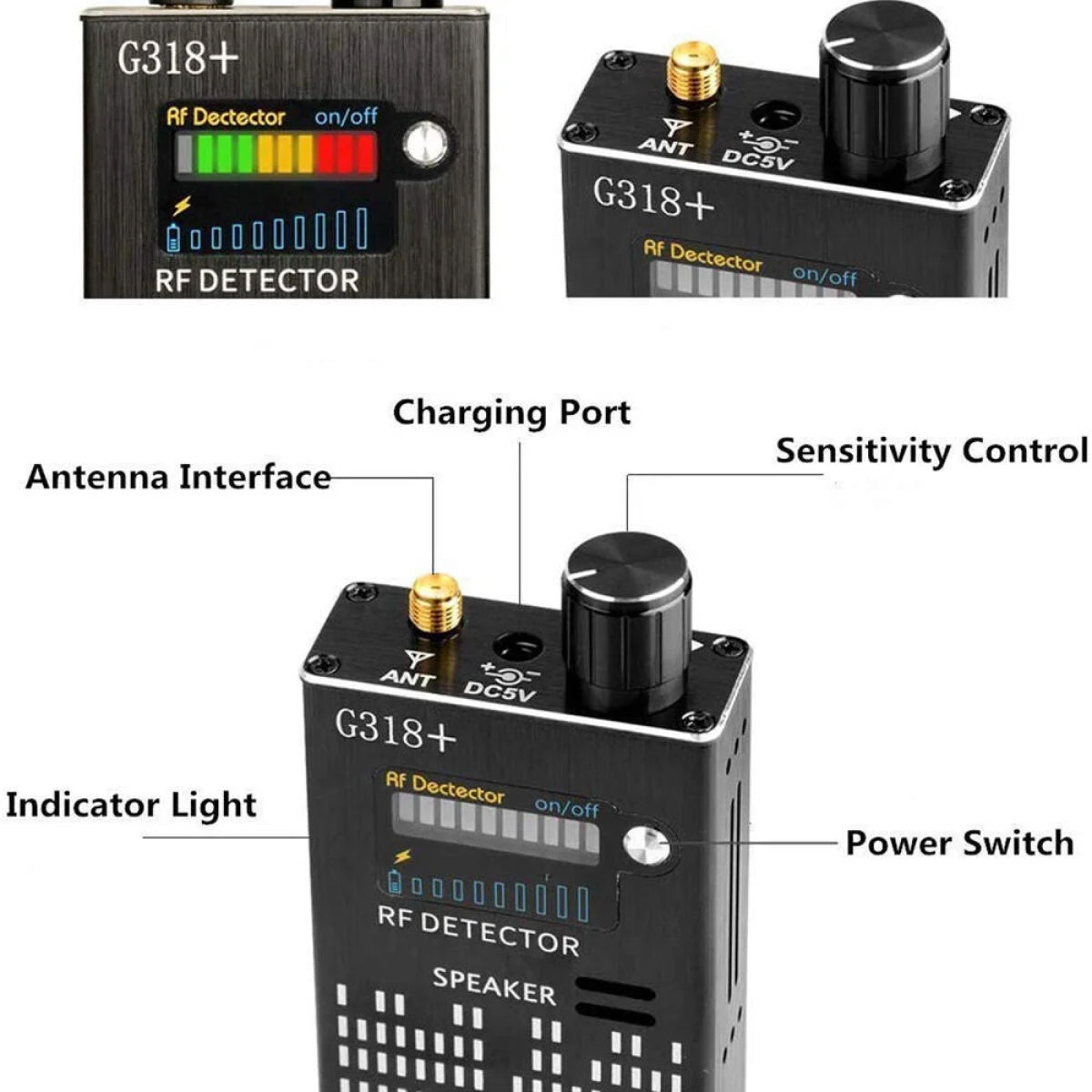 Belro spy detector device with laser lens, showing electronic gadget used to find hidden cameras, RF bugs, and GPS trackers.