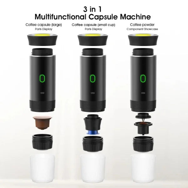 Wireless Belro espresso coffee machine with capsule and powder options, portable 3-in-1 coffee maker for home or travel use.