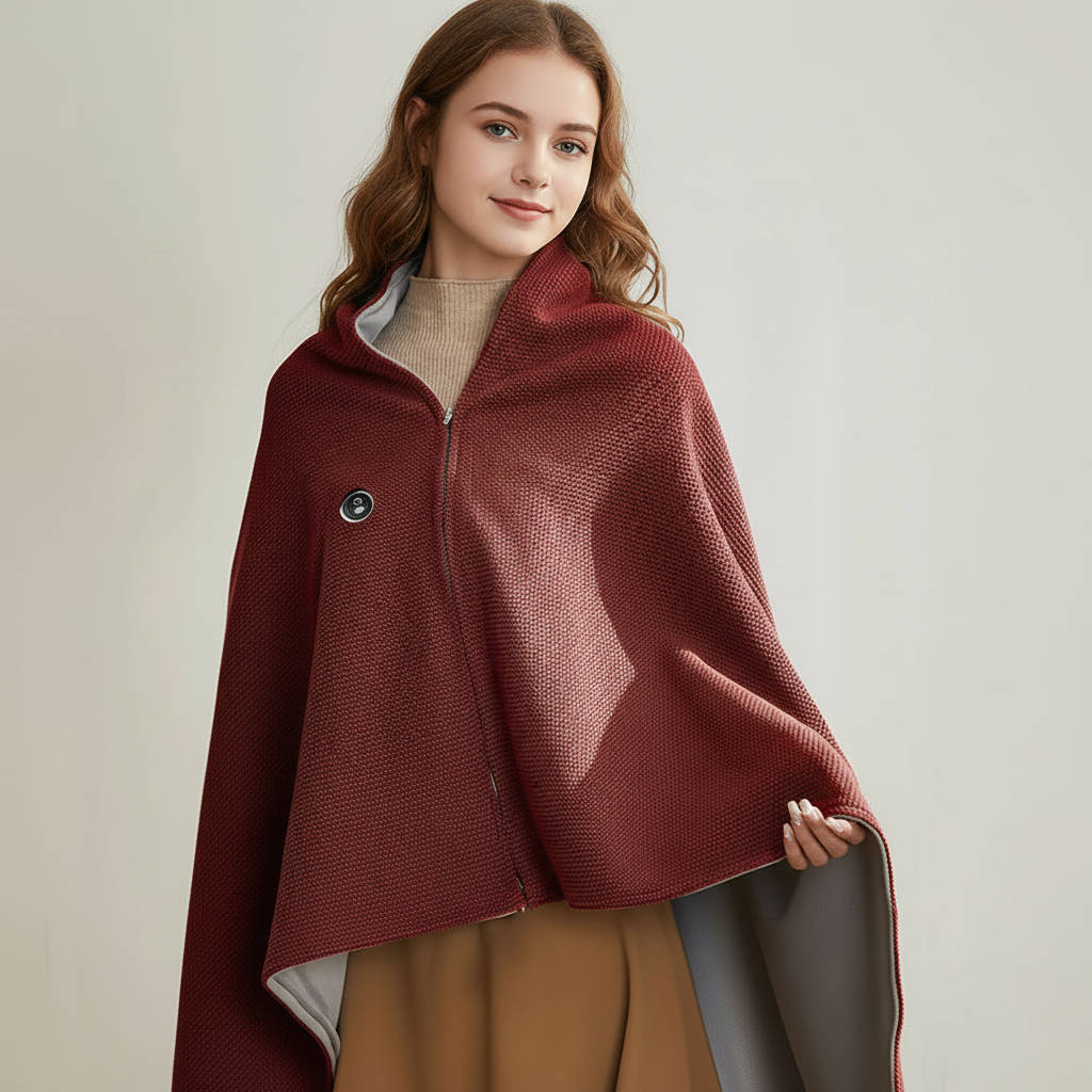 Belro portable heated shawl blanket draped over a chair, showcasing its cozy, soft fabric and portable design for home use.