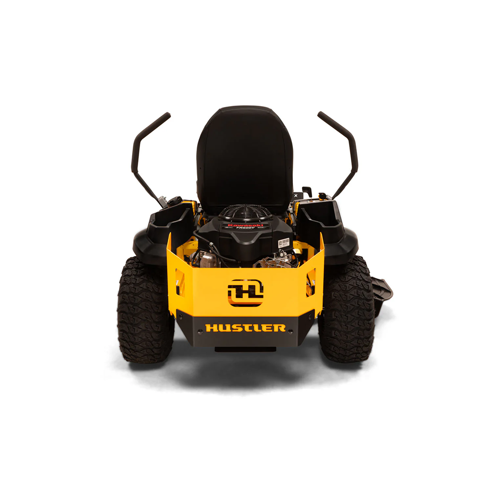 Hustler Raptor X zero turn mower with 42-inch cutting deck, Kawasaki FR600 18HP engine, shown in a group setting