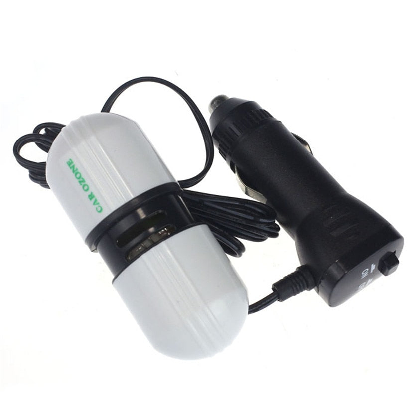 Belro car air purifier sitting on a car dashboard, compact electronic device with air vent and control buttons visible.