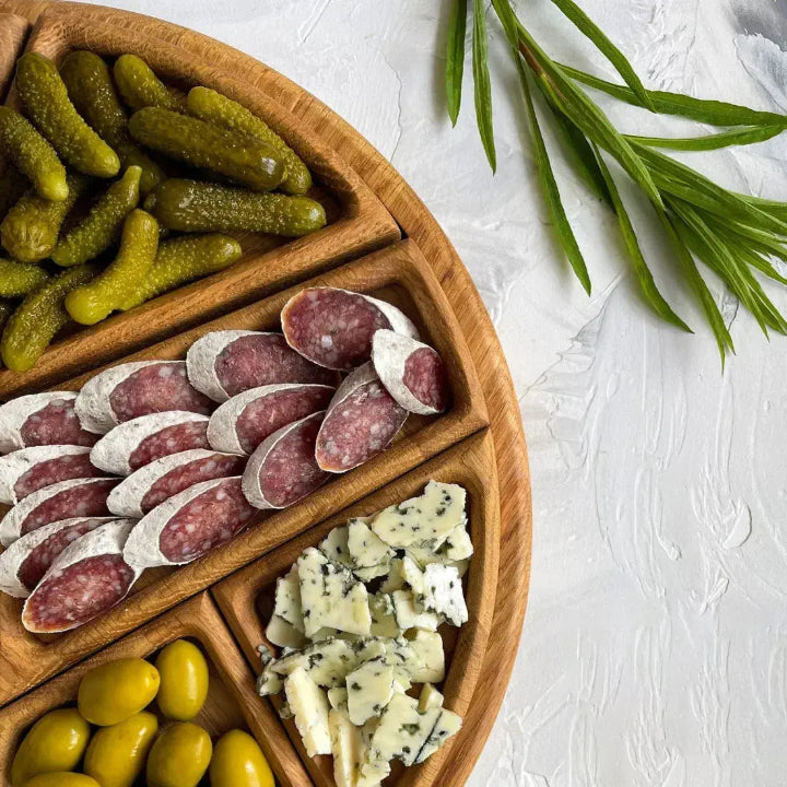 Wooden snack serving tray by Mivoza, decorative and versatile for serving snacks and drinks in the home or kitchen.