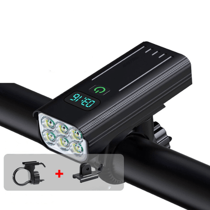 Belro 5000 Lumen bike light with 12 LEDs and USB-C rechargeable battery, mounted on a bike for high-intensity illumination