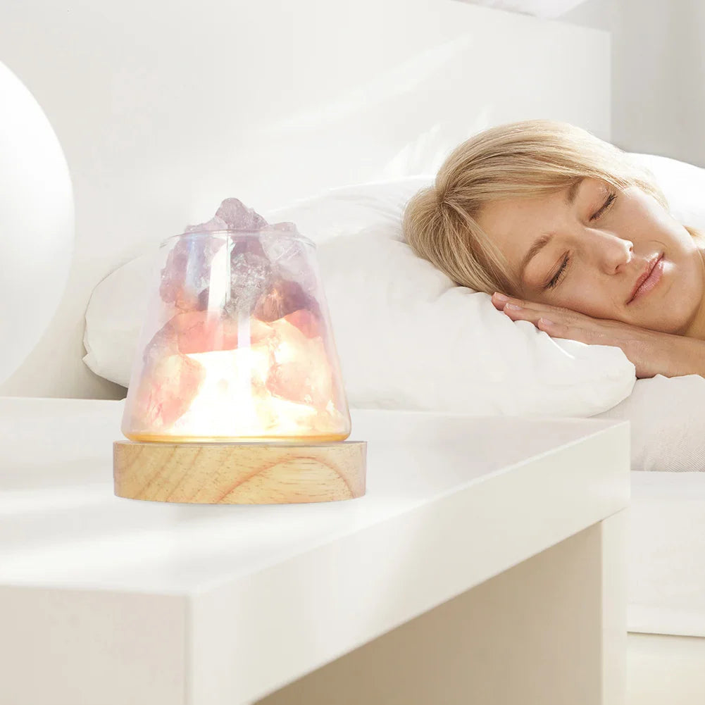 Belro Himalayan salt lamp with crystal night light and essential oil diffuser, showcasing warm glow and textured salt crystal surface.
