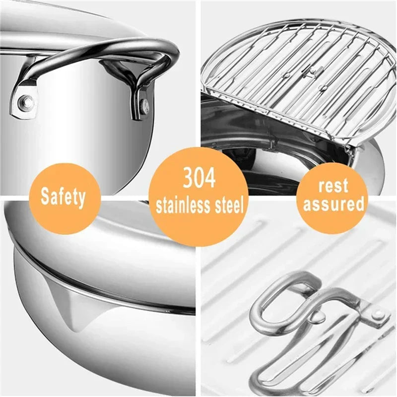 Belro Master Fryer with thermometer, Japanese-style deep-frying pot in stainless steel with lid, ideal for tempura and home kitchen use.