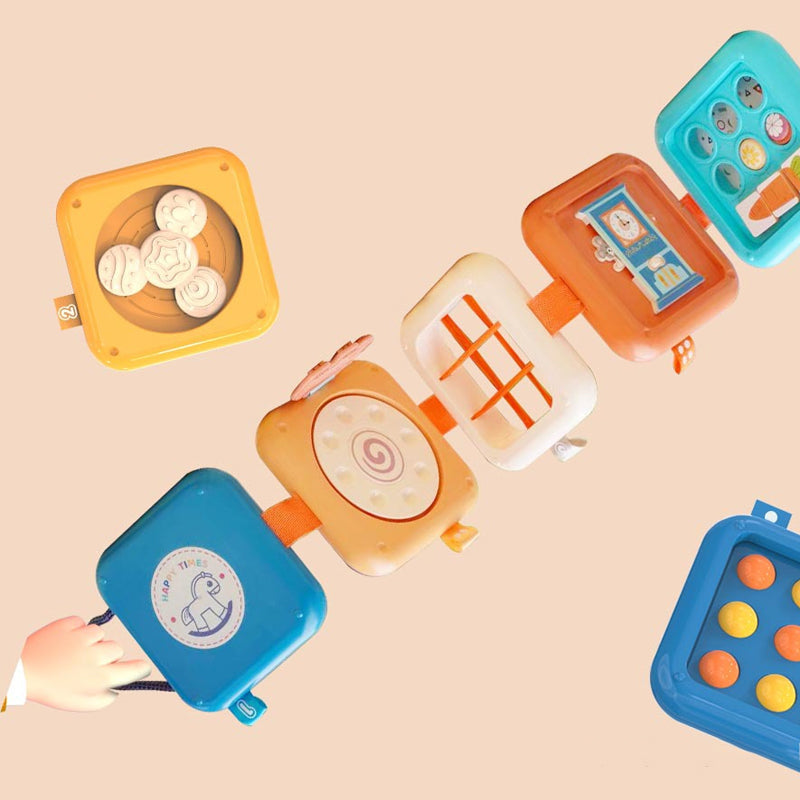 Colorful Belro Montessori activity toy with shape sorting, spinning gears, and tactile features for early childhood development.