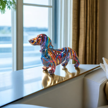 Colorful Dachshund sculpture by Belro, vibrant ceramic figurine for home and garden decor, detailed and playful design.