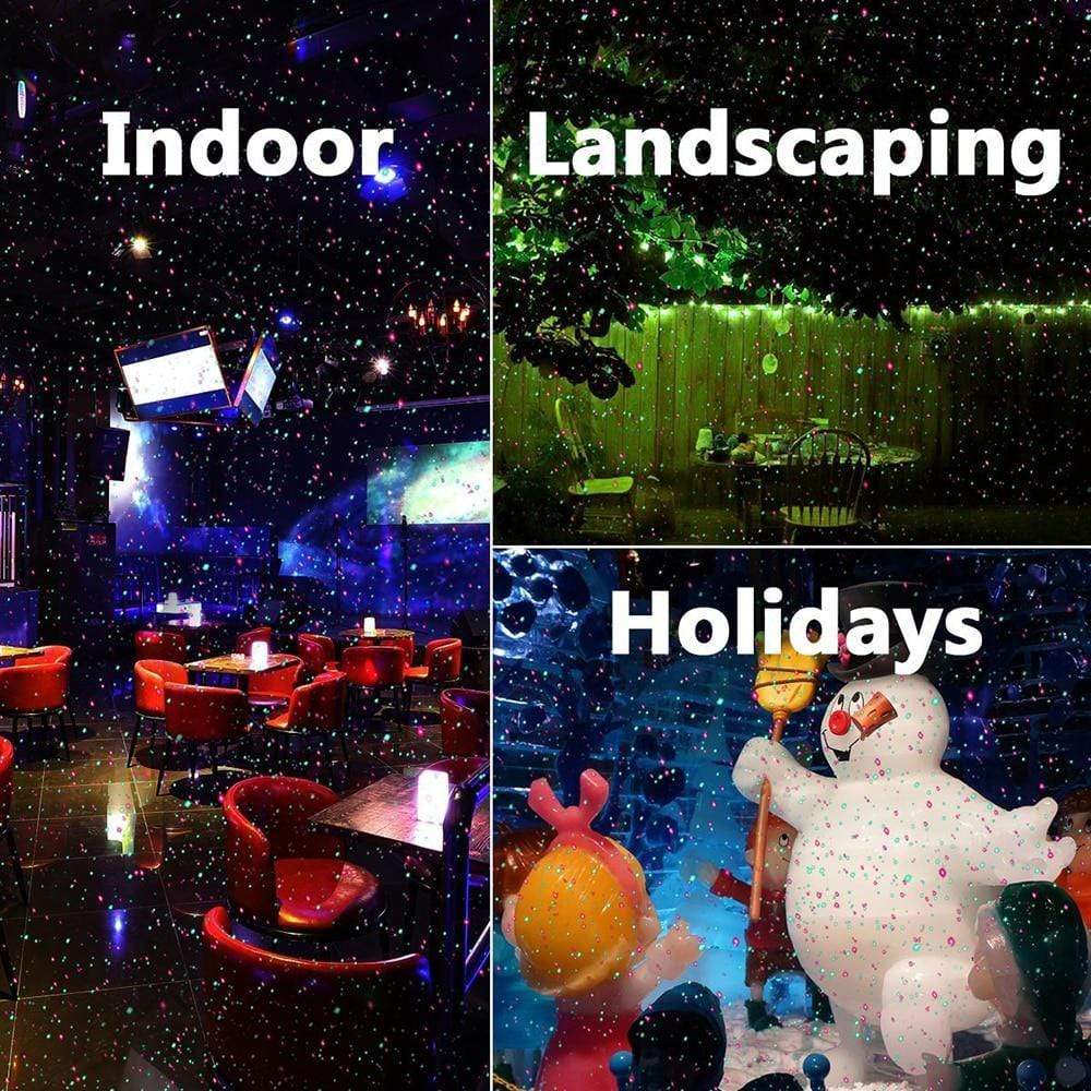 Belro outdoor laser light projector displaying red and green star patterns for landscape, Christmas, and party outdoor lighting.