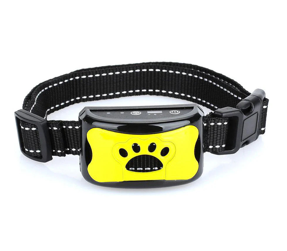 Belro animal-friendly anti-bark dog collar for training, shown on a medium-sized dog, in a pet supplies setting.