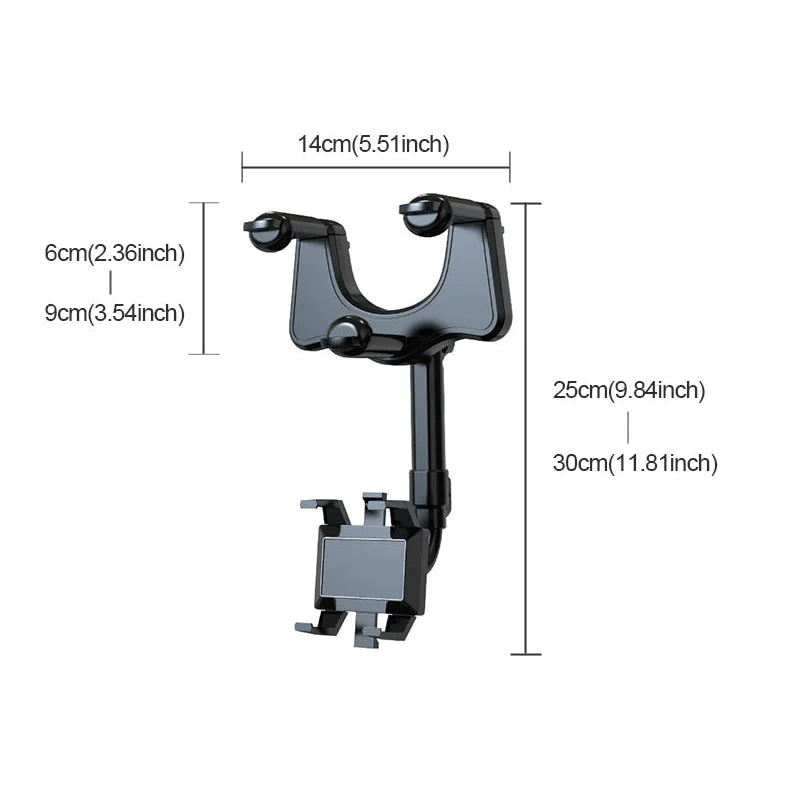 Belro 360° rotating multifunctional car mirror phone holder attached to a car mirror, adjustable for secure smartphone mounting.