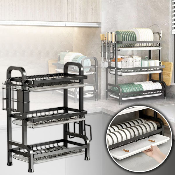 Belro multi-level dish rack in a kitchen setting, featuring multiple tiers for drying and organizing dishes and utensils.